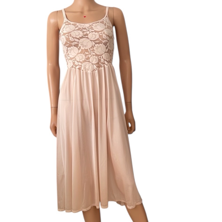 Vintage Olga Peach Lace Midi Slip Dress Chemise Nightgown Size M